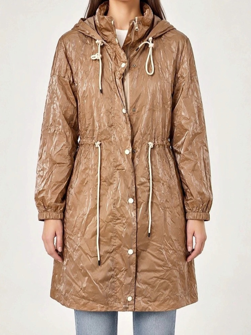 Hooded Drawstring Trench Coat in Brown Like New